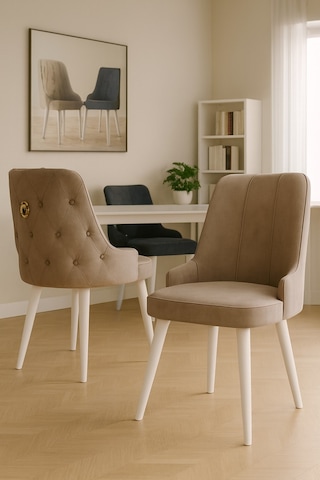 Esa 6 Adet Babyface Kumaş, Beyaz Metal Ayaklı, Mutfak Ve Yemek Odası Sandalyesi Cappuccino