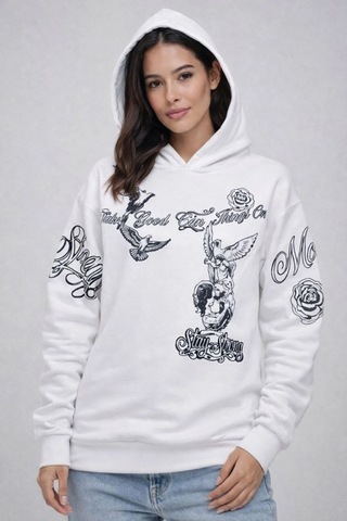 Mbb E-ticaret Kadın 3 İplik Pamuklu Kapüşonlu Baskılı Sweatshirt Hoodie - Beyaz