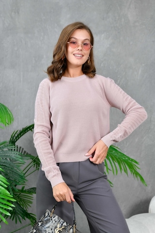 Kadın Bisiklet Yaka Kolları Ajurlu Basic Triko Kazak Pudra