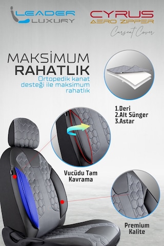 Hyundai Accent Era Uyumlu Deri Detaylı Oto Koltuk Kılıfı Ön Arka Takım Cyrus Füme