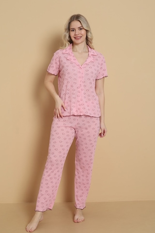 Wordex Mirano 1711 Kalp Desenli Pointel İnce Kumaş Düğmeli Kısa Kollu Kadın Pijama Takımı Pembe