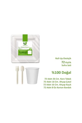 Ekolojik Kare 26 Cm. 72 Kişilik Parti Piknik Sofra Sunum Seti - Tabak Bardak Çatal Kaşık Takımı
