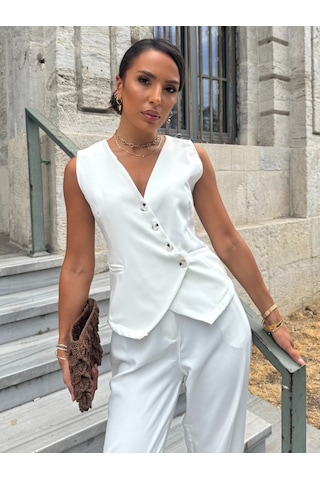 Ahes Shopping Kadın Sıfır Kollu Çapraz V Yakalı Önden Düğmeli Atlas Yelek Ve Pantolon Ikili Takım Beyaz