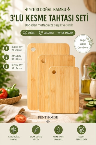 3 Lü Bambu Kesme Tahtası Seti 28x18 / 30x20 / 33x24 Cm Doğal Ahşap Kesim Panosu Açık Bej