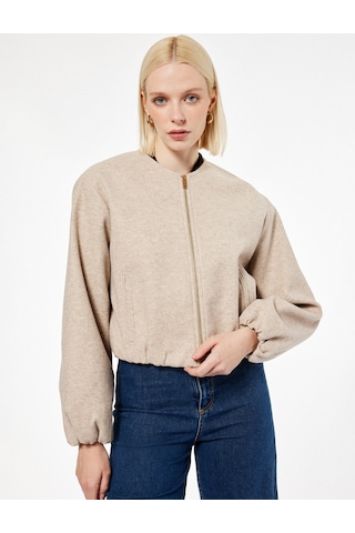 Koton Fermuarlı Bisiklet Yaka Uzun Kollu Crop Kaşe Kolej Bomber Ceket Vizon 6wak20207ew VIZON