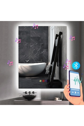 80x100 H Cm Bluetoothlu Buğu Çözücülü Dokunmatik Işıklı Ledli Banyo Aynası Şeffaf