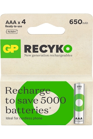 GP Batteries ReCyko 650 1.2 V AAA Ni-Mh İnce Kalem Şarjlı Pil 4’lü Kart