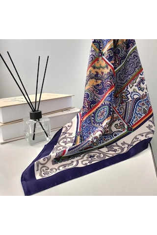 Lente Aksesuar Kadın Çok Renkli Sanatsal Çizgili Premium Kalite İpek Saten Fular 55x55cm Lacivert-krem