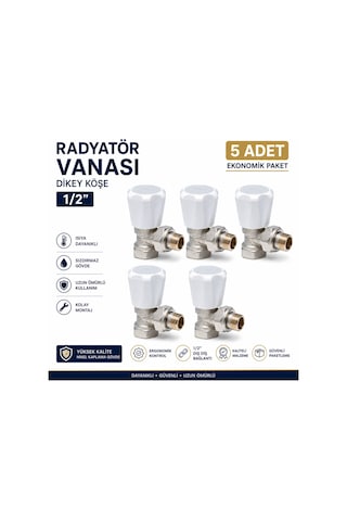 Pirinç Radyatör Vanası Dikey Köşe 1/2 İnç Beyaz Başlıklı Kalorifer Petek Vanası 5 Adet