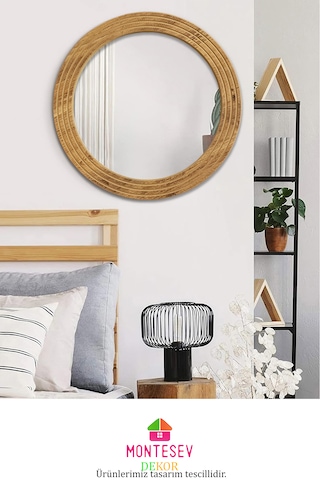 Antik Ahşap Dekoratif Ayna Yuvarlak Banyo Duvar Aynası 56 Cm Naturel