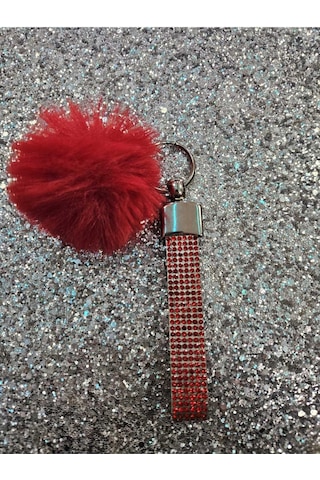 Kırmızı Taşlı Kırmızı Tavşan Tüylü Anahtarlık