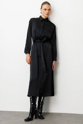 Mizalle Siyah Saten Maksi Gömlek Elbise Siyah