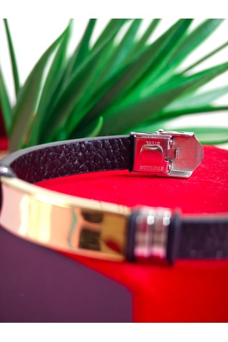 Çelik Derili Bileklik Kişiye Özel İsimli Paslanmaz Derili Çelik İsimli Bileklik 316 L Çelik Beyaz - Sarı