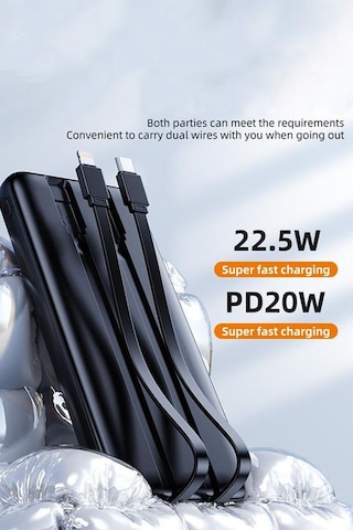 20.000 Mah Hızlı Şarj Pd 22.5w Powerbank Lightning Type-c Çıkışlı Dijital Göstergeli Kendinden Kablo Siyah