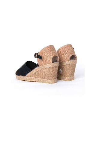 Star Tombis Gerçek Elişi Siyah Bilekten Bantlı Topuğu Açık Keten Espadril Dolgu Topuk Handmade Siyah