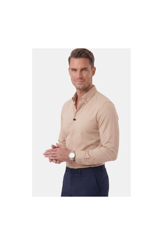 Deepsea Bej Slim Fit Kolay Ütülenebilir Açık Dik Yaka Likralı Erkek Gömlek 2602615
