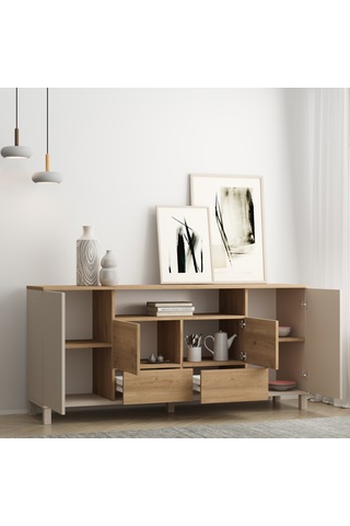 Robin Home Urban Konsol 4 Kapaklı 2 Çekmeceli Ahşap Ayaklı 180cm Kumsal-sepet Bej