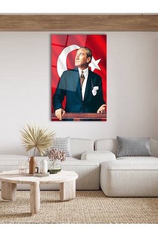 Mustafa Kemal Atatürk Ve Türk Bayrağı Dikey Cam Tablo Modern Ev Ofis Salon Hediyelik Büyük Tablo