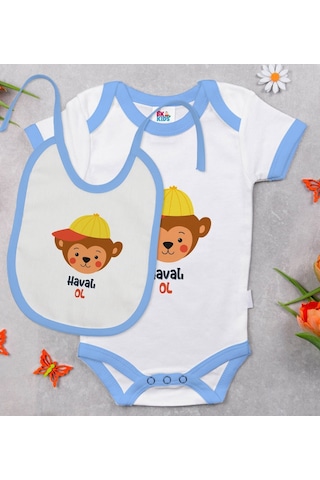 Bk Kids Havalı Ol Tasarımlı Mavi Bebek Body Zıbın Ve Mama Önlüğü Çok Renkli