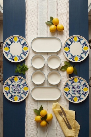 Limon 10 Parça 4 Kişilik Handmade Stackable Seramik Tabak Seti Premium Sunum & Kahvaltı Takımı Beyaz