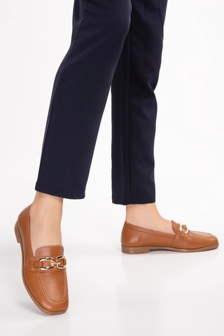 Gondol Hakiki Deri Kadın Köşeli Burun Loafer Esl.b06 Taba