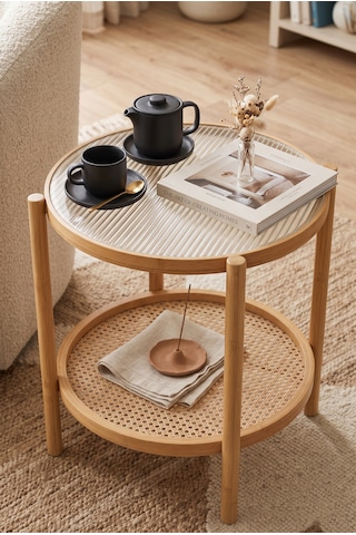 Robin Home Bambu Temperli Camlı Rattan Raflı Yuvarlak Yan Sehpa 45 45cm Bej