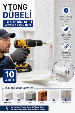 10 Adet Ytong Dübeli Gazbeton, Bims Ve Gözenekli Yüzeyler İçin Güçlü Tutuşlu Plastik Dübel