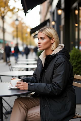Benerly Kadın Kapüşonlu Düz Midi Parka Uzun Kol Düşük Kol Kalın Kumaş Fon Siyah
