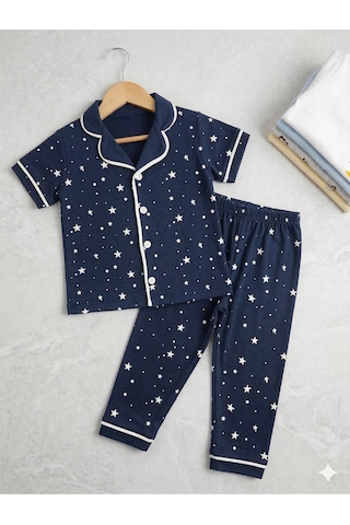 Kız Ve Erkek Çocuk Pamuklu Kruvaze Yaka Önden Düğmeli Yıldız Desenli Mevsimlik Alt Üst Pijama Takım Lacivert
