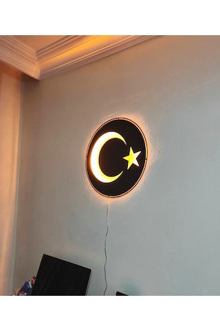 Motto Dekor Lazer Kesim Amber Led Işıklı Metal Türk Bayrağı Görselli Duvar Dekoru Duvar Aydınlatması Siyah
