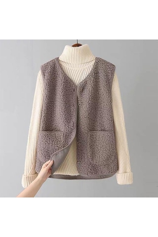 Kadın Güz Kış Yelek Ceket Düz Renk V Boyun Kolsuz Düğme Kapatma V Boyun Yumuşak Sıcak Cepler Hırka Bayan Yelek Haki