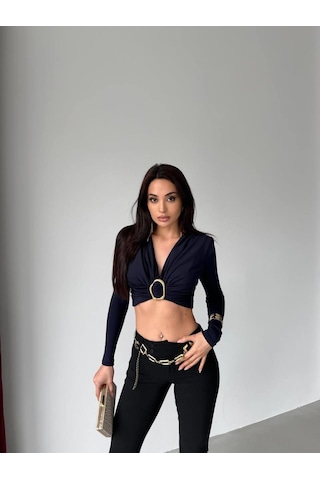 Elaxi Kadın Dalgıç Kumaş Tokalı Vatkalı Crop Bluz Lacivert