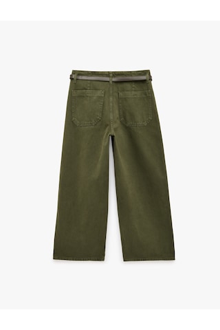 Koton Pamuklu Geniş Paça Kemerli Crop Pantolon - Wide Leg Jeans Haki 7wal40008mw