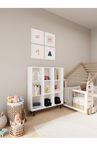 Ligno Mobilya Beyaz Montessori Çocuk Odası Kitaplığı - 103 CM Oyuncak ve Kitap Düzenleyici, Robot Süpürge Uyumlu 9 Küp Bölmeli Dolap