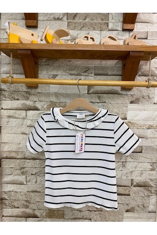 Aysbebe Fırfır Yaka Çizgi Desenli Yazlık Kız Çocuk Tişört Krem 1561