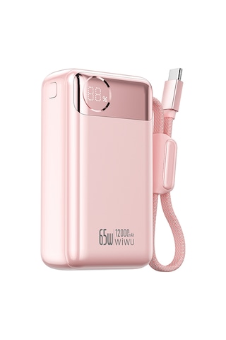 Wiwu T132 Power Plus Serisi Type-c Kablolu Pd Powerbank 65w 12000mah Pembe