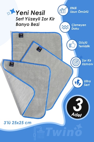 Twino 3'lü Güçlü Temizlik Bezi 25x25 Ultra Sert Banyo Lavabo Duşakabin Zor Kir Teli Ovma Bezi