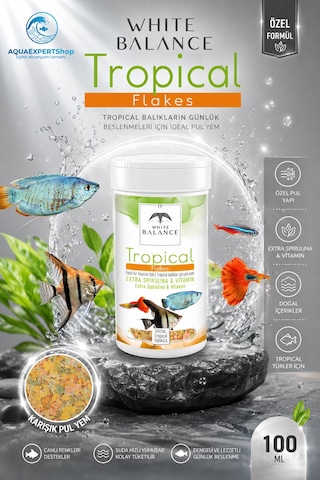 White Balance Tropical Flakes - Tropical Balık Yemi - Özel Formül - Zengin İçerik - Özel Türler İçin Besleyici - 100 Ml