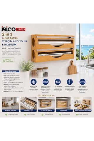 2ın1 Ahşap Bambu Streçlik - Folyoluk - Havluluk Kesici Bıçak Kanallı Belirtilmemis