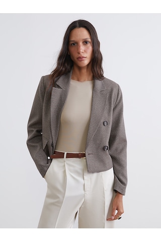 Lcw Vision Kahverengi Kazayağı Desenli Crop Kadın Blazer Ceket