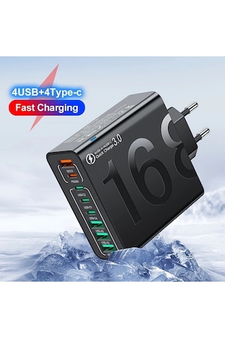 Xuweiwei Kaxoe 8in 1 Hızlı Şarj Usb Telefon Şarj Adaptörü 4 Usb 4 Type-c Sarı Qc 3.0 İphone Uyumlu Samsung Sarı