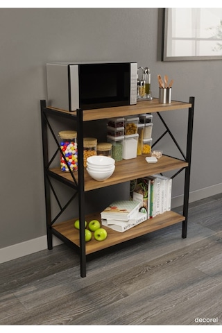 Morpanya Arose Metal Tekli Mutfak Rafı Malzeme Dolabı 3 Raflı Mikrodalga Fırın Rafı Çok Amaçlı Ceviz