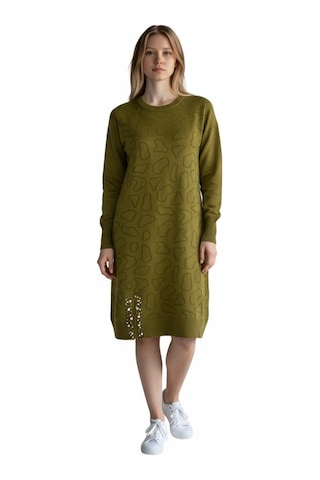 Kadın Önü Desenli Etek Yan Ucu Boncuklu Düşük Kol Tunik Yeşil