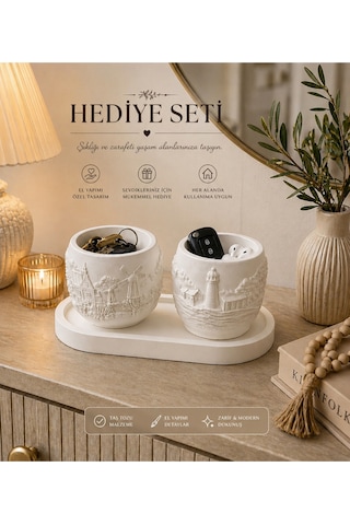Taş Tozu Dekoratif Hediye Seti Tepsili 2 Li Kap Organizer & Sukulent Saksı Uyumlu