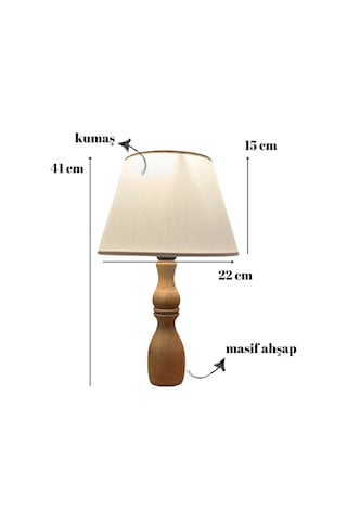 Glad Masif Ahşap Ayaklı Zarif Abajur Konik Krem Başlıklı Masa Lambası Komodin Abajur Krem