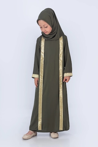 Eşarplı Ferace Medine İpek Kumaş Kız Çocuk Yeşil