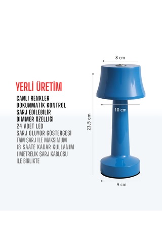 Zenlight Metal Dokunmatik Şarjlı Masa Lambası 320-3 Mavi
