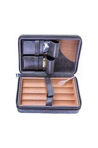 Cohiba Antrasit Çakmak Kesicili Deri Puro Taşıma Çantası & Seyahat Humidoru