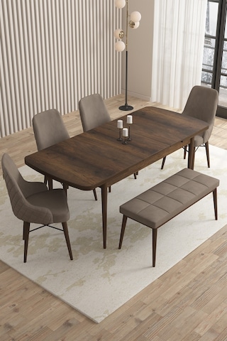 Loft Barok Desen 80x132 Açılabilir Mdf Masa Yemek Odası Takımı, Mutfak Takımı 4 Sandalye, 1 Bench Cappucino