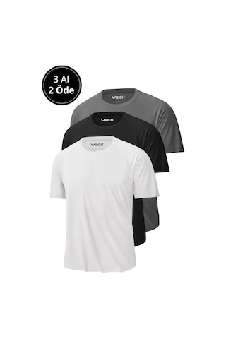 Rich Erkek 3'lü Paket %100 Pamuk Slim Fit Sporcu Tişört Basic Bisiklet Yaka Kısa Kollu T-shirt Gri